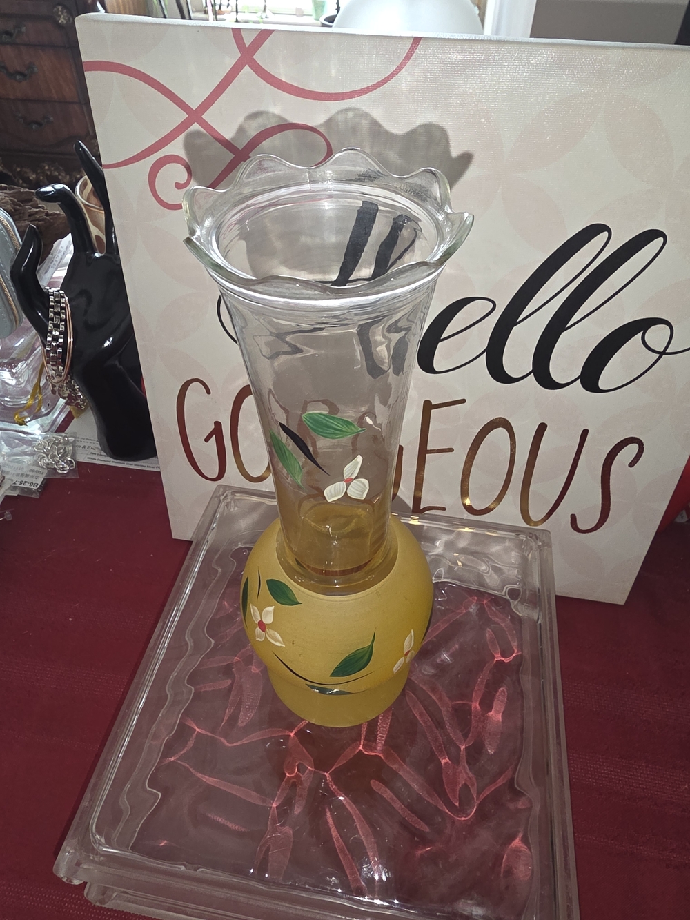 Vintage Yellow Hand-Painted Glass Vase with Clear Top